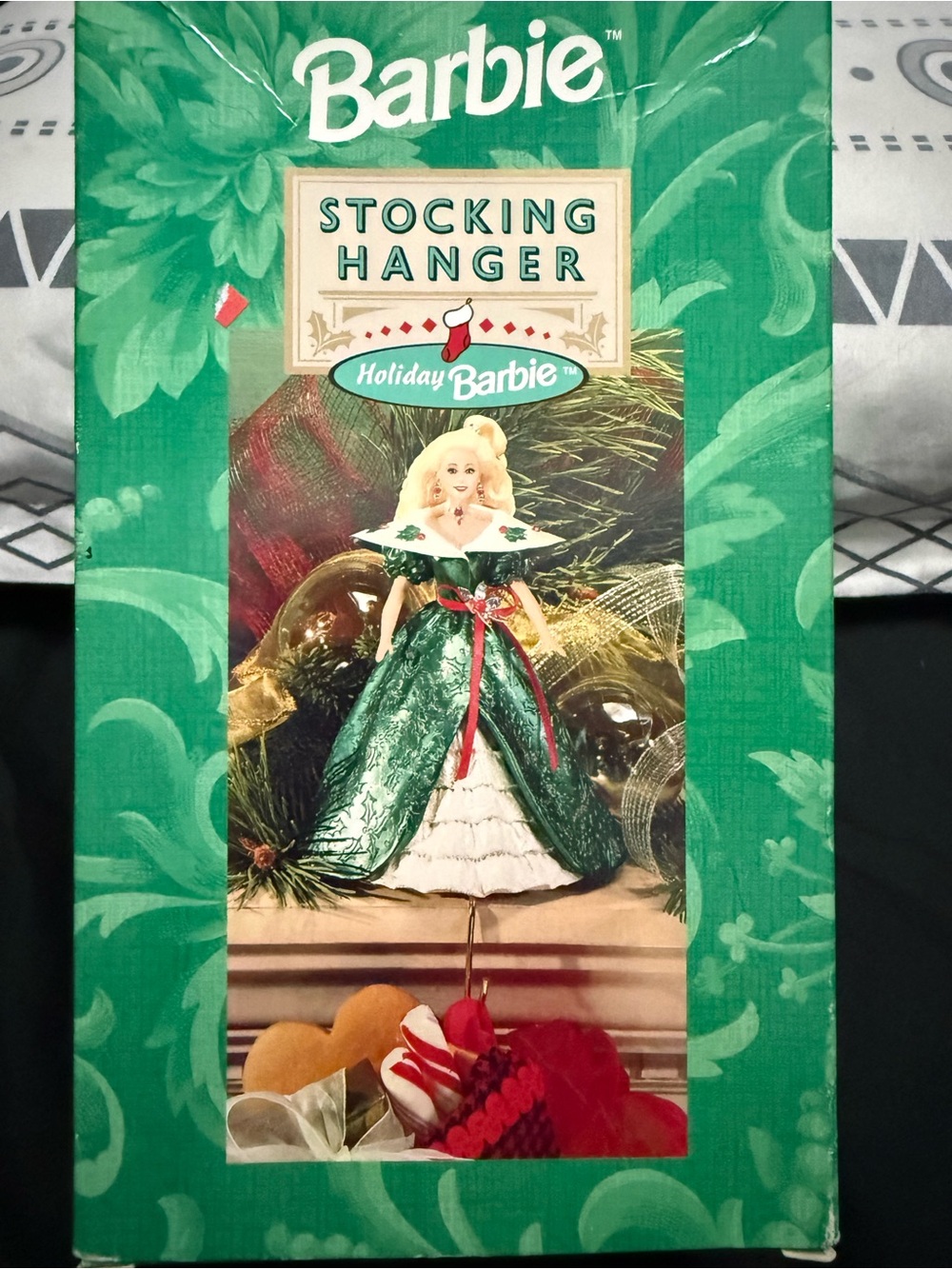 Barbie Green and White Holiday Stocking Hanger with Red Ribbon